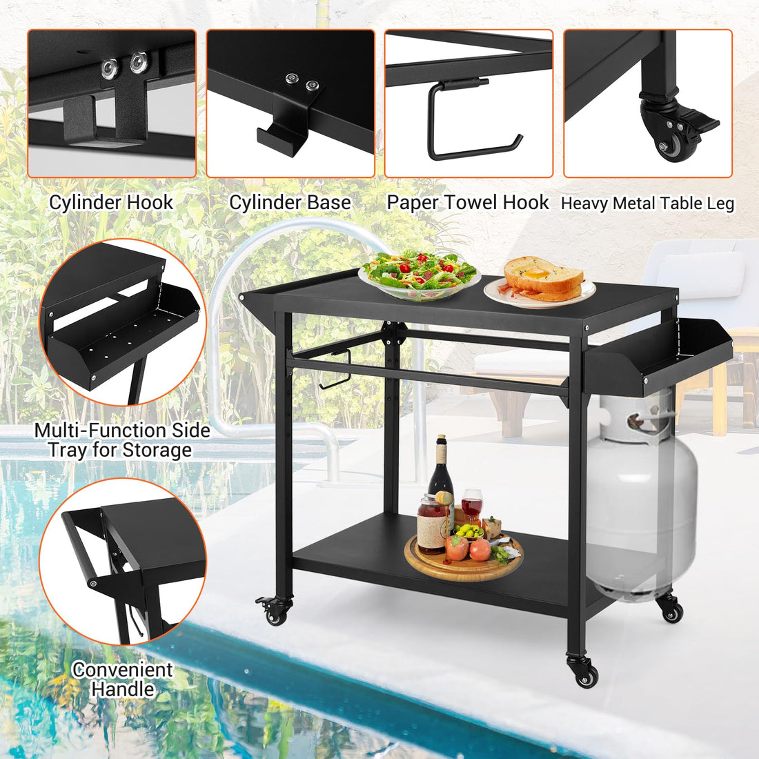 Chariot de barbecue d'extérieur Garvee avec support pour four à pizza, 4 roues et verrou, acier thermolaqué, grand espace de rangement, porte-bouteille de gaz pour le jardin et le camping, 105 x 50 x 81 cm, noir