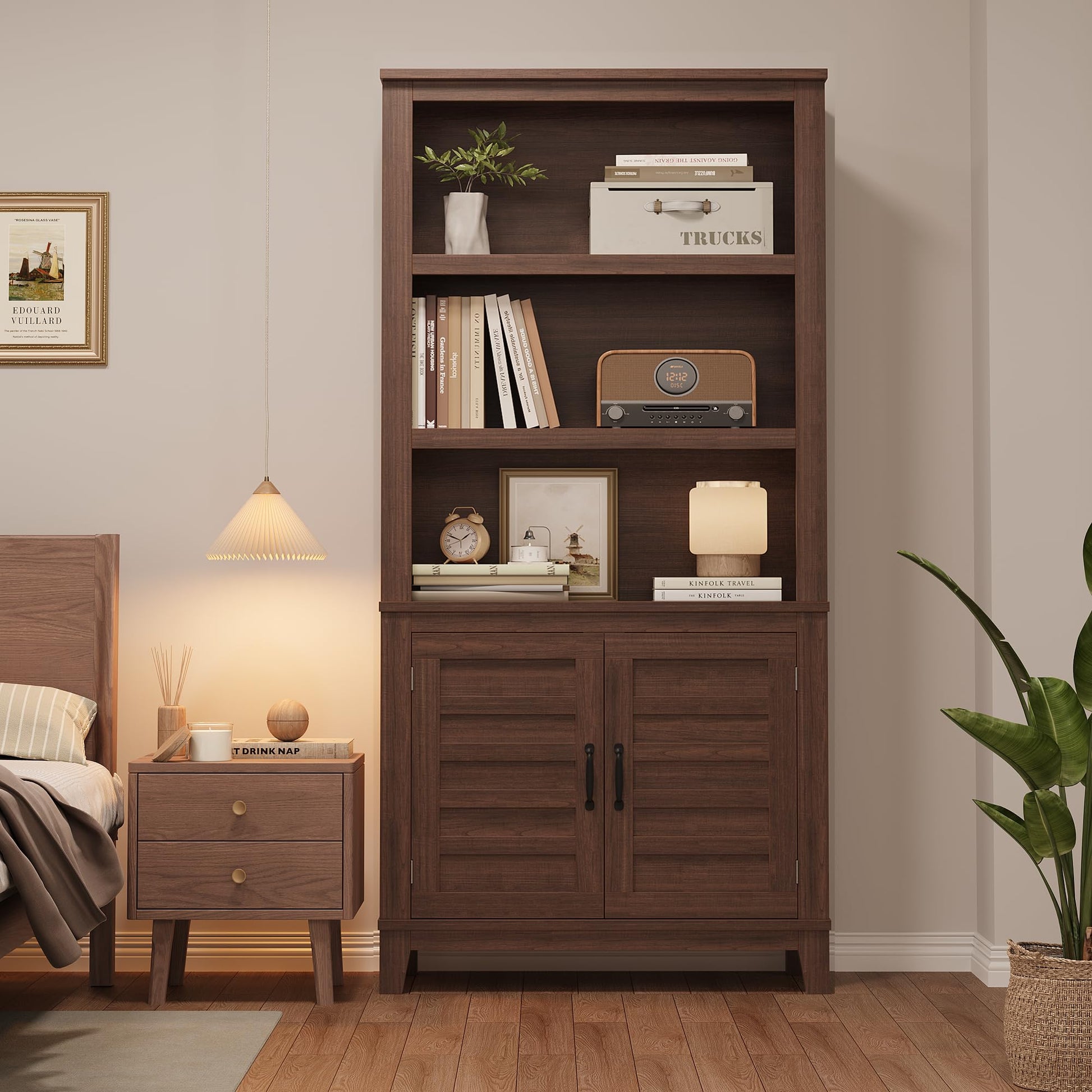 Garvee bibliothèque de style ferme 180 cm avec portes, 5 niveaux, en bois MDF robuste, aspect bois rétro, idéale pour le salon, le bureau ou la bibliothèque