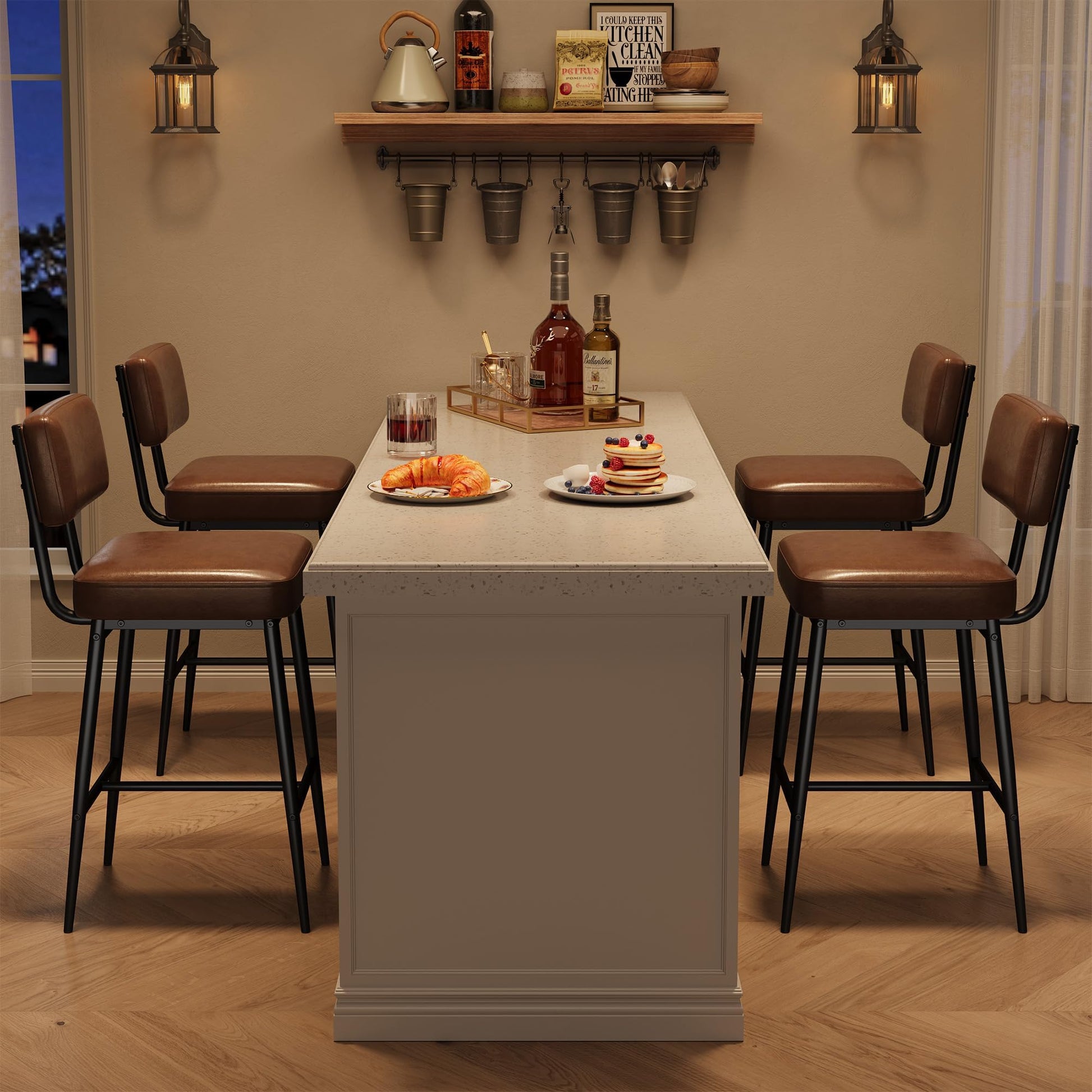Ensemble de 2 tabourets de bar Garvee, 66 cm (26 po), similicuir, dossier ergonomique, pieds en métal, assise rembourrée, repose-pieds en forme de H, marron, pour îlot de cuisine et bar