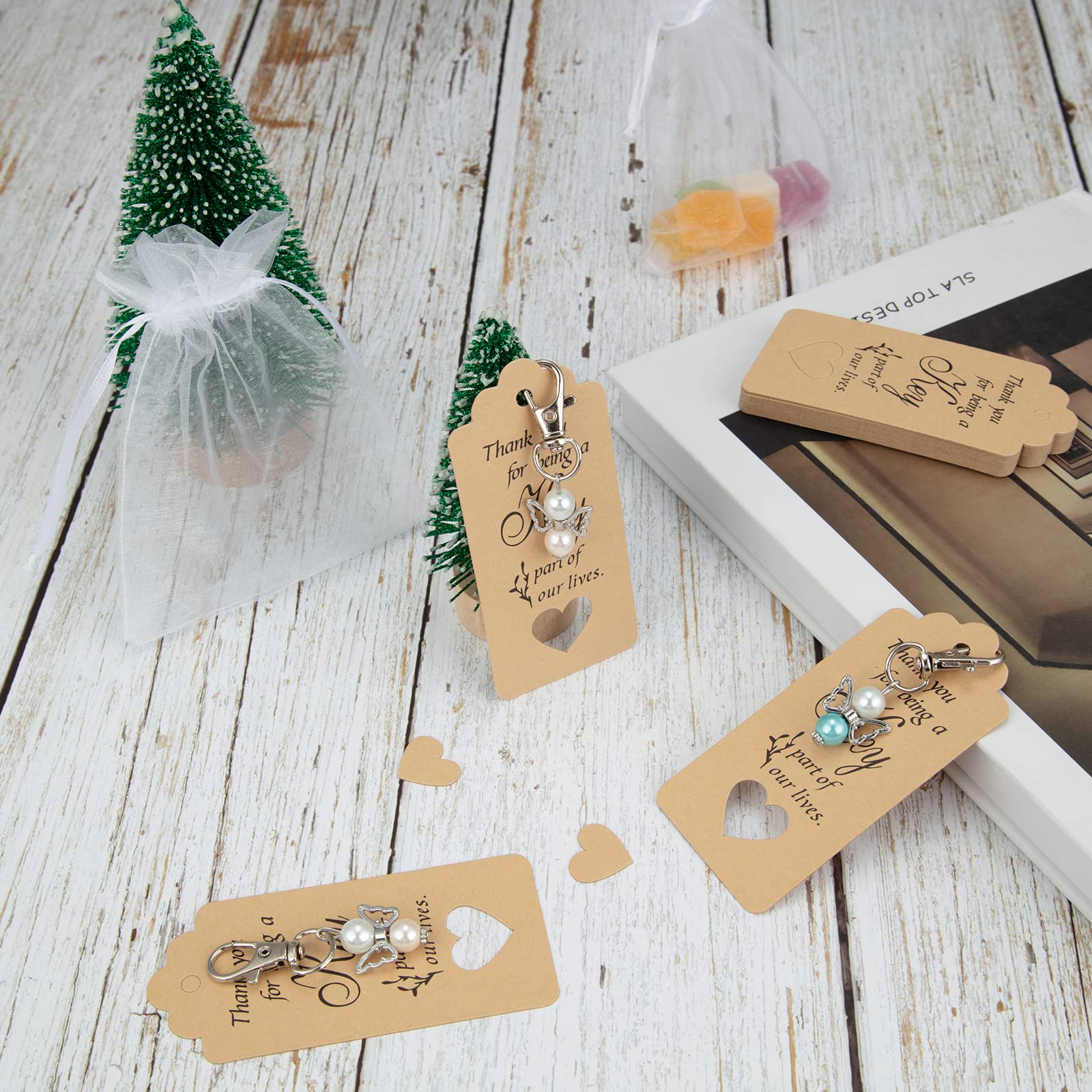 Garvee Lot de 20 porte-clés anges avec sachets en organza et cartes de remerciement, cadeau idéal pour baptême, naissance, mariage ou fête, argent.