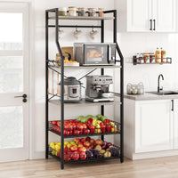 Étagère de cuisine Garvee à 5 niveaux, 2 paniers métalliques, support de bar à café de style industriel, MDF et acier, 8 crochets, gris rustique, multifonctionnelle pour la cuisine