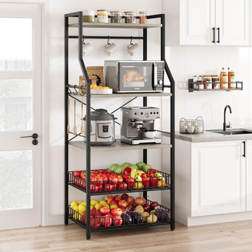 Étagère de cuisine Garvee à 5 niveaux, 2 paniers métalliques, support de bar à café de style industriel, MDF et acier, 8 crochets, gris rustique, multifonctionnelle pour la cuisine