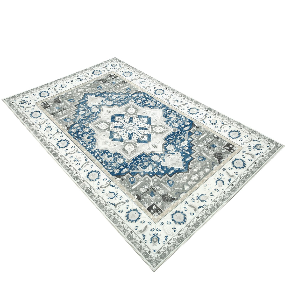 Tapis antidérapant Garvee Lange pour salon et chambre, motif floral oriental, lavable en machine, 120 x 170 cm, bleu
