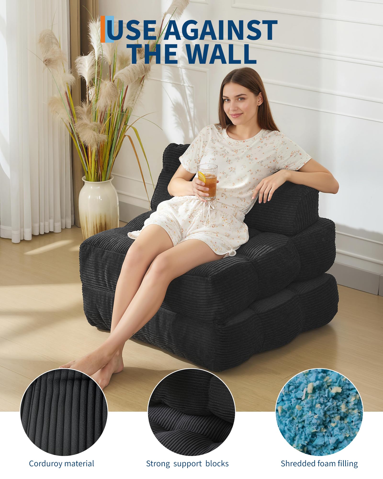 Canapé-lit pliant 3 en 1 Garvee avec coussins, mousse confortable, tissu velours côtelé, noir, pour salon et chambre, gain de place