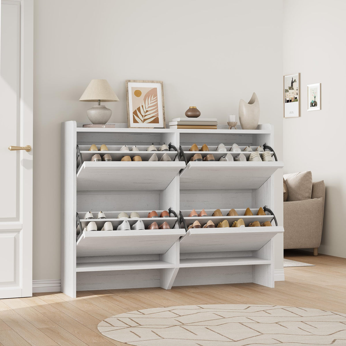 Garvee Meuble à chaussures 4 tiroirs abattants, MDF blanc, 120 × 26 × 93 cm, étagères réglables pour entrée et salon