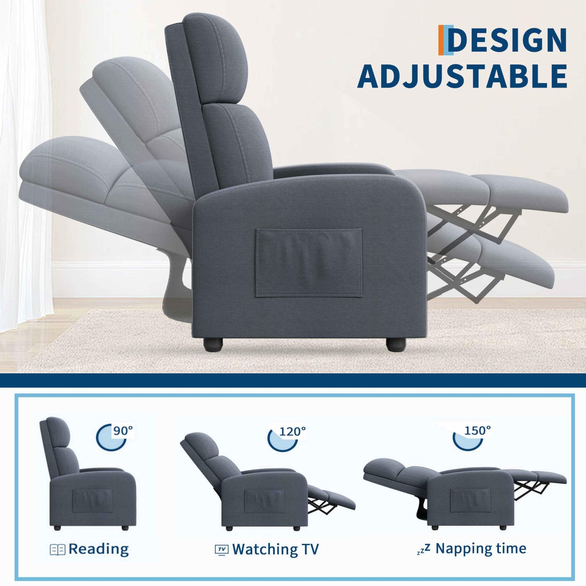 Fauteuil inclinable Garvee pour adultes, ergonomique et réglable, siège confortable avec poche latérale, dossier haut, larges accoudoirs, canapé de salon