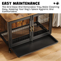 Niche pour chien Garvee de 95 cm (37,5 pouces) avec roulettes, fond grillagé, plateau amovible pour chiens de petite et moyenne taille, style ferme d'intérieur, aspect bois, structure en acier robuste.