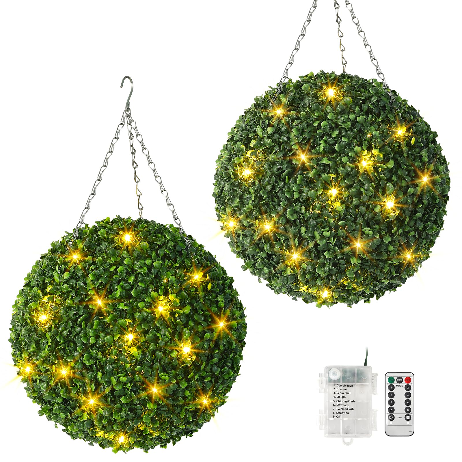 Boule de buis artificielle Garvee de 40 cm (16 pouces) avec 8 modes d'éclairage, fonctionne sur piles, en polyéthylène (PE), résistante aux UV, avec télécommande et couleur verte. Idéale pour le jardin et les mariages.