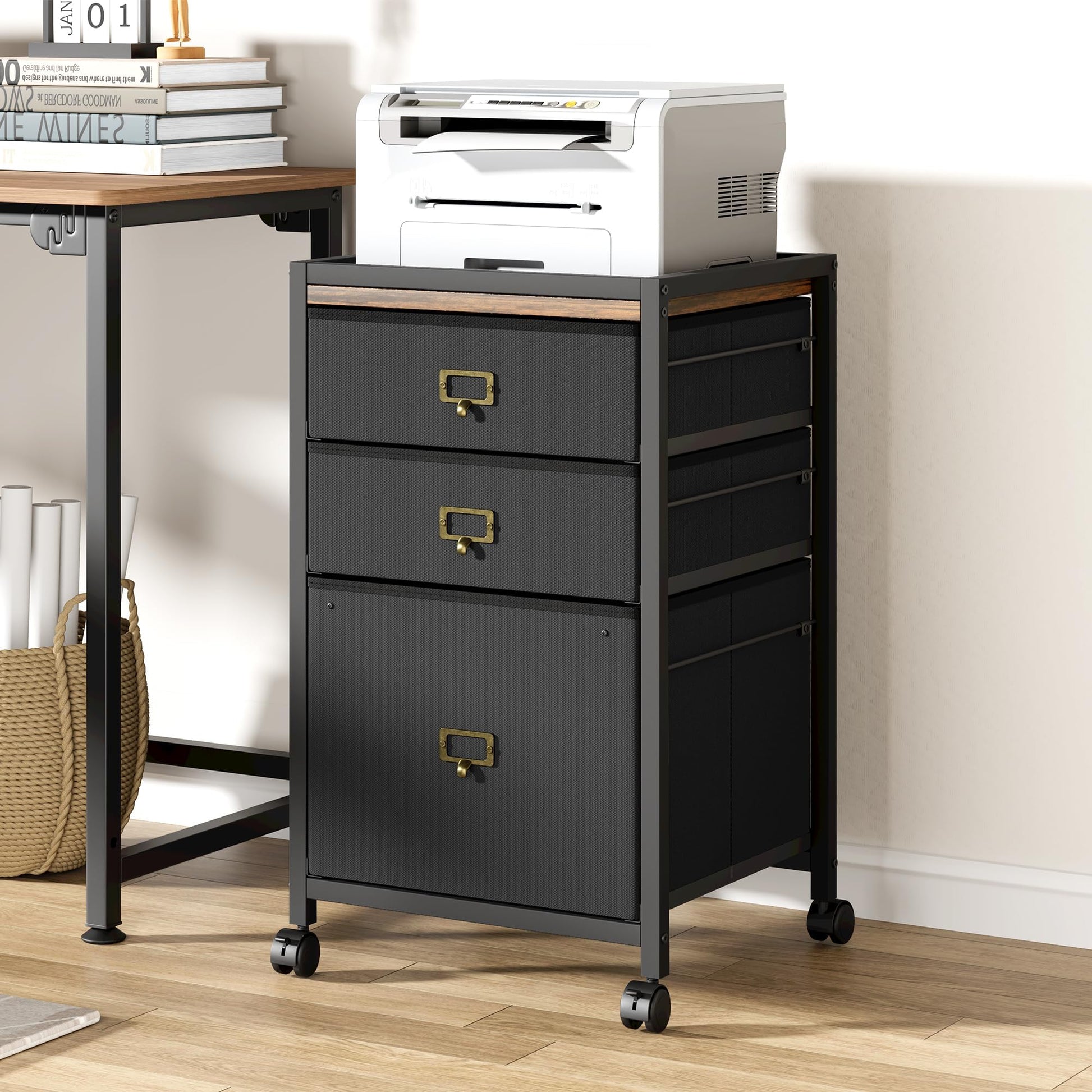 Garvee Caisson de classement mobile 3 tiroirs avec roulettes, cadre métal, plateau MDF, compatible A4/Lettre, noir rustique, bureau maison.