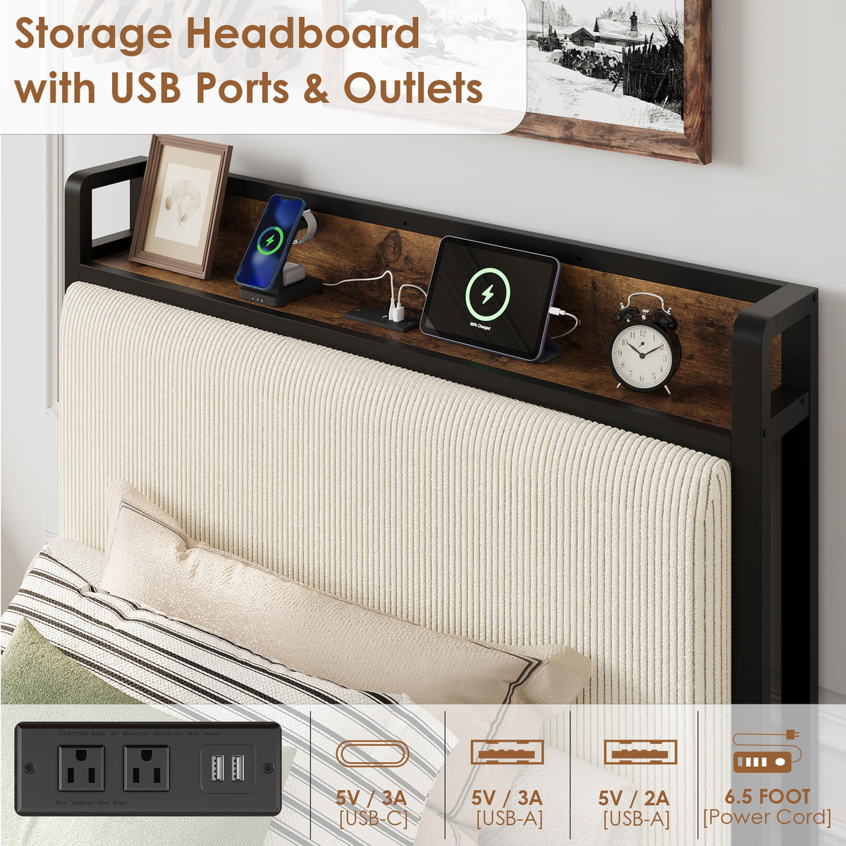 Cadre de lit Garvee pour lit simple avec 2 tiroirs et station de recharge pour chambre à coucher, beige, silencieux, structure en métal, revêtement en velours