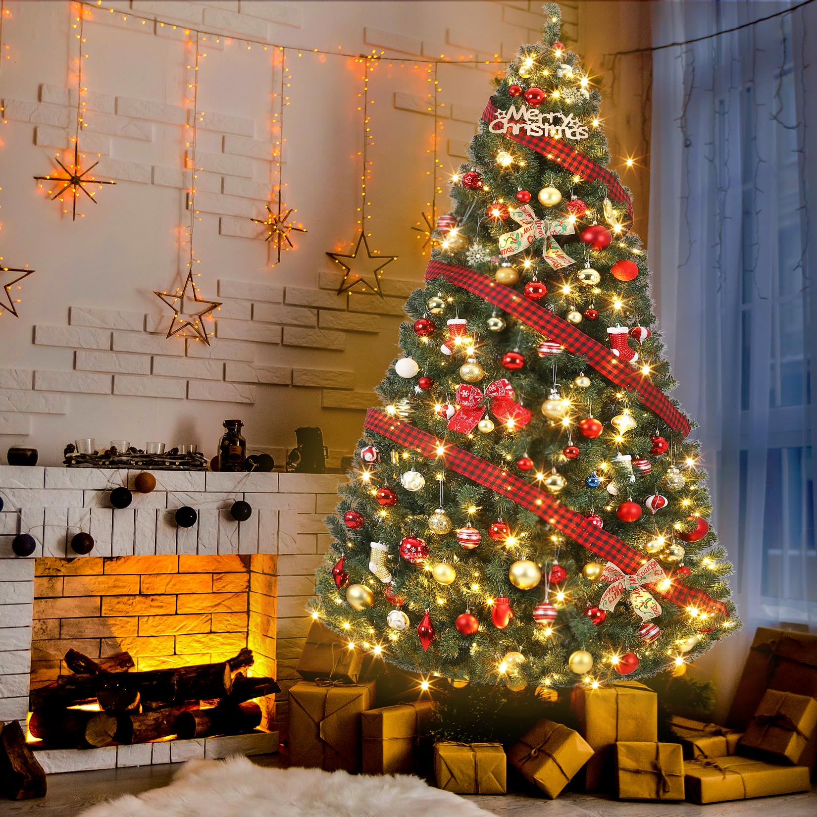 Sapin de Noël artificiel Garvee 180 cm – 250 LED, sapin en PVC, Ø 114 cm, vert, pied en métal