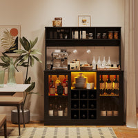 Meuble bar à vin Garvee avec éclairage LED et prise, 9 casiers à bouteilles et 6 crochets, en bois aggloméré, pour cuisine et salon, étagère réglable, design moderne