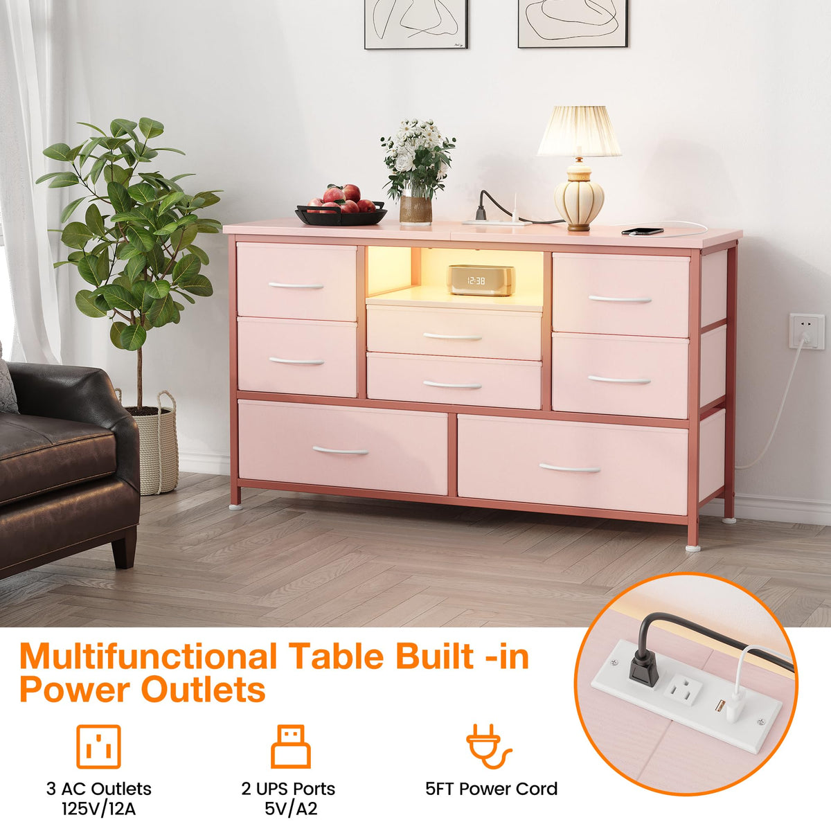 Garvee Meuble TV à 8 tiroirs avec éclairage LED et prise électrique pour salon et chambre, en MDF, éclairage RGB, grand espace de rangement, blanc