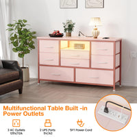 Garvee Meuble TV à 8 tiroirs avec éclairage LED et prise électrique pour salon et chambre, en MDF, éclairage RGB, grand espace de rangement, blanc