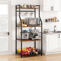 Garvee Étagère de cuisine avec support pour micro-ondes, grand panier en fil métallique, 4 niveaux, structure robuste en MDF et acier, 8 crochets