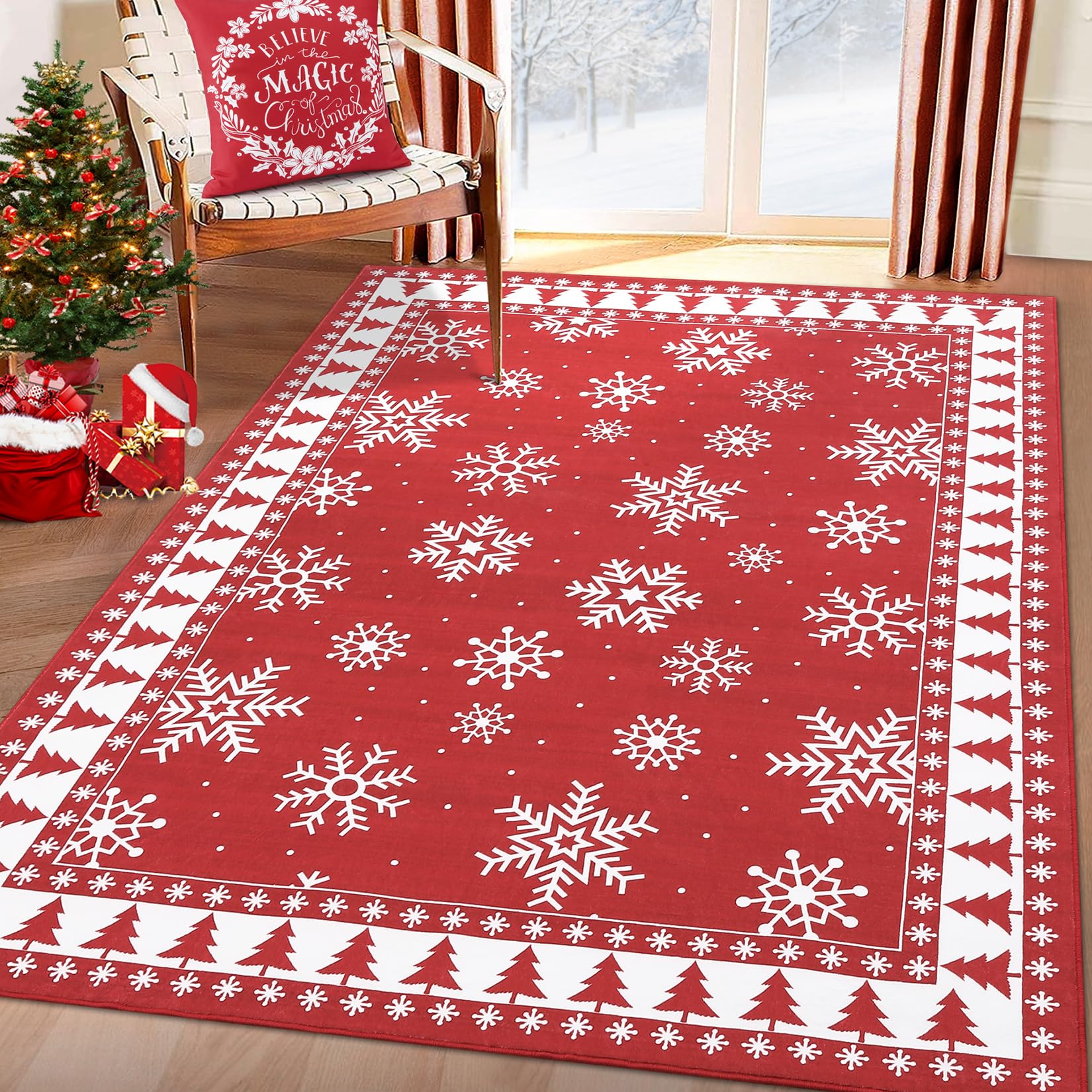 Tapis de Noël moderne Garvee grand format à motif flocons de neige pour salon, chambre, salle à manger, 140 x 200 cm, multicolore