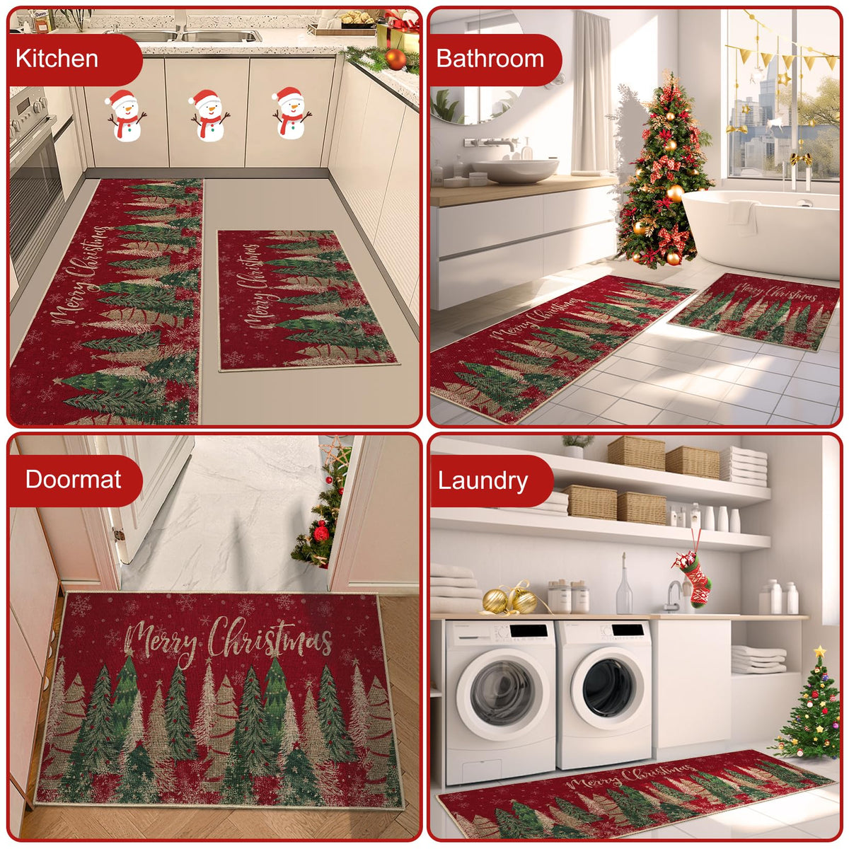 Garvee Kerst-Welkom Paillasson décoratif hiver et Noël lavable antidérapant extérieur intérieur 50 x 80 cm tapis d'entrée festif