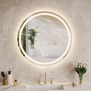 Miroir de maquillage lumineux Garvee, miroir de salle de bain rond de 60 cm avec éclairage LED, interrupteur tactile, verre incassable, intensité réglable et traitement antibuée.