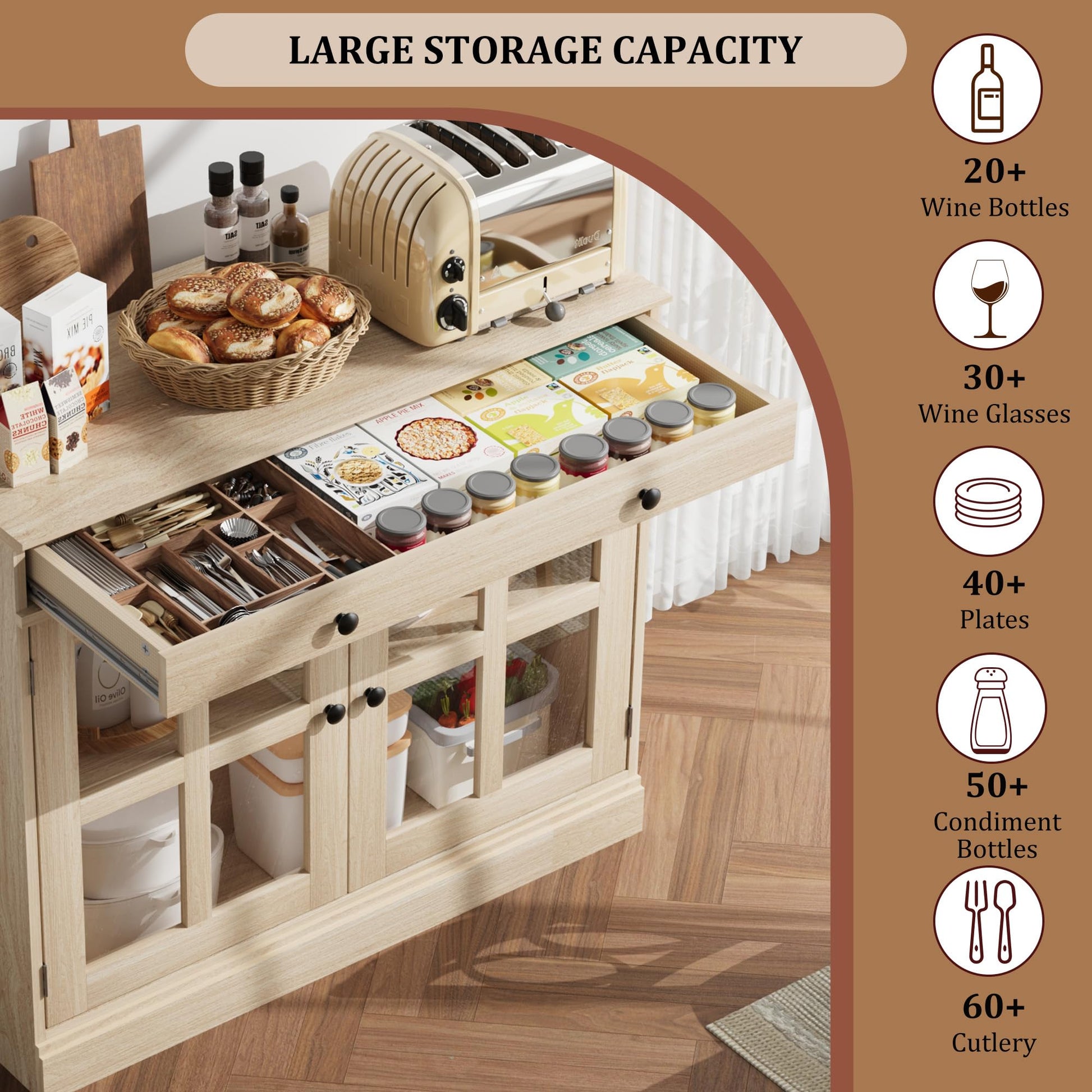 Buffet Garvee 90 cm avec porte vitrée, étagères réglables, fermeture amortie, chêne, salle à manger et cuisine, construction robuste, montage facile