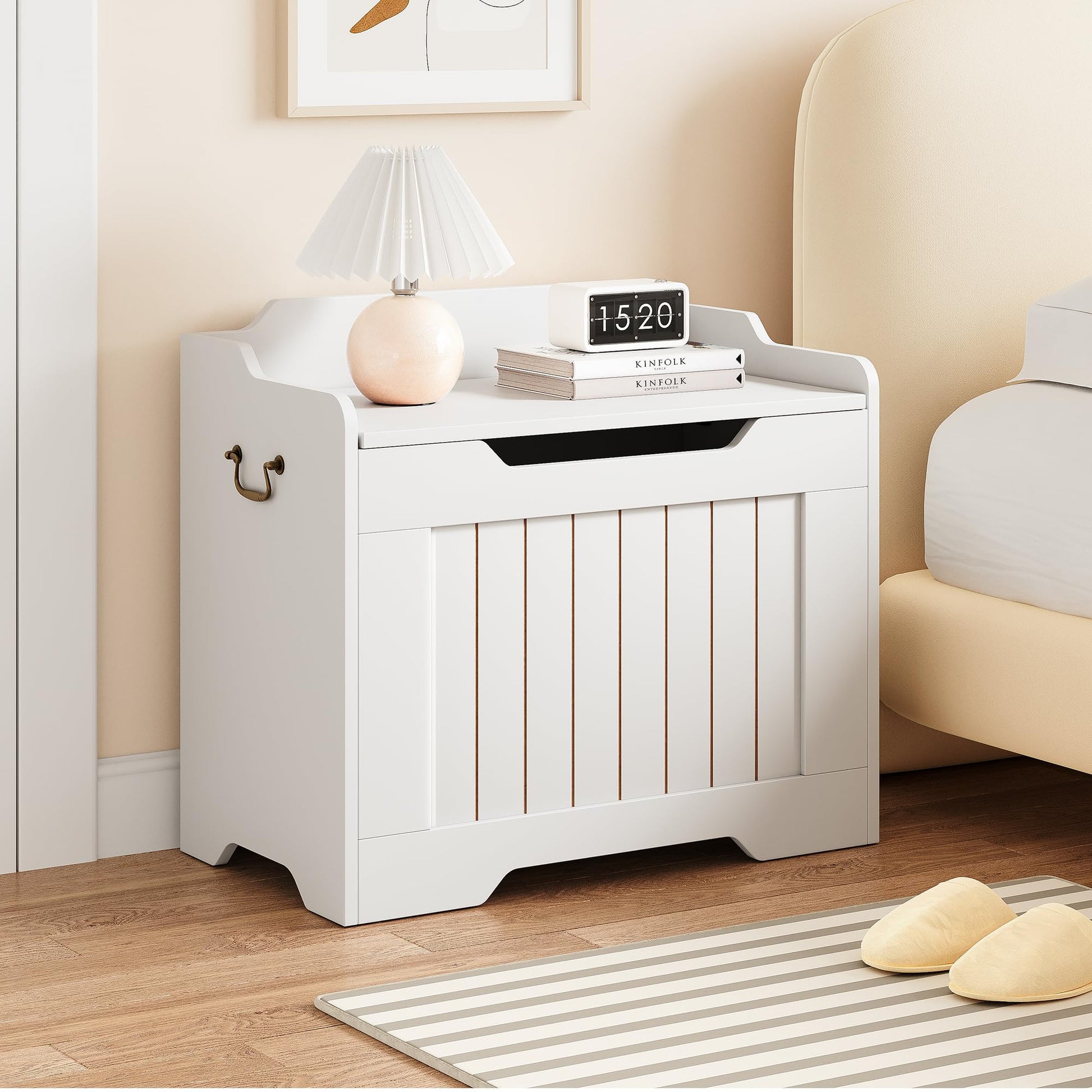 Garvee Coffre de Rangement pour Jouets avec Couvercle et Charnière de Sécurité, MDF Blanc, Style Rustique, Charge 159 kg