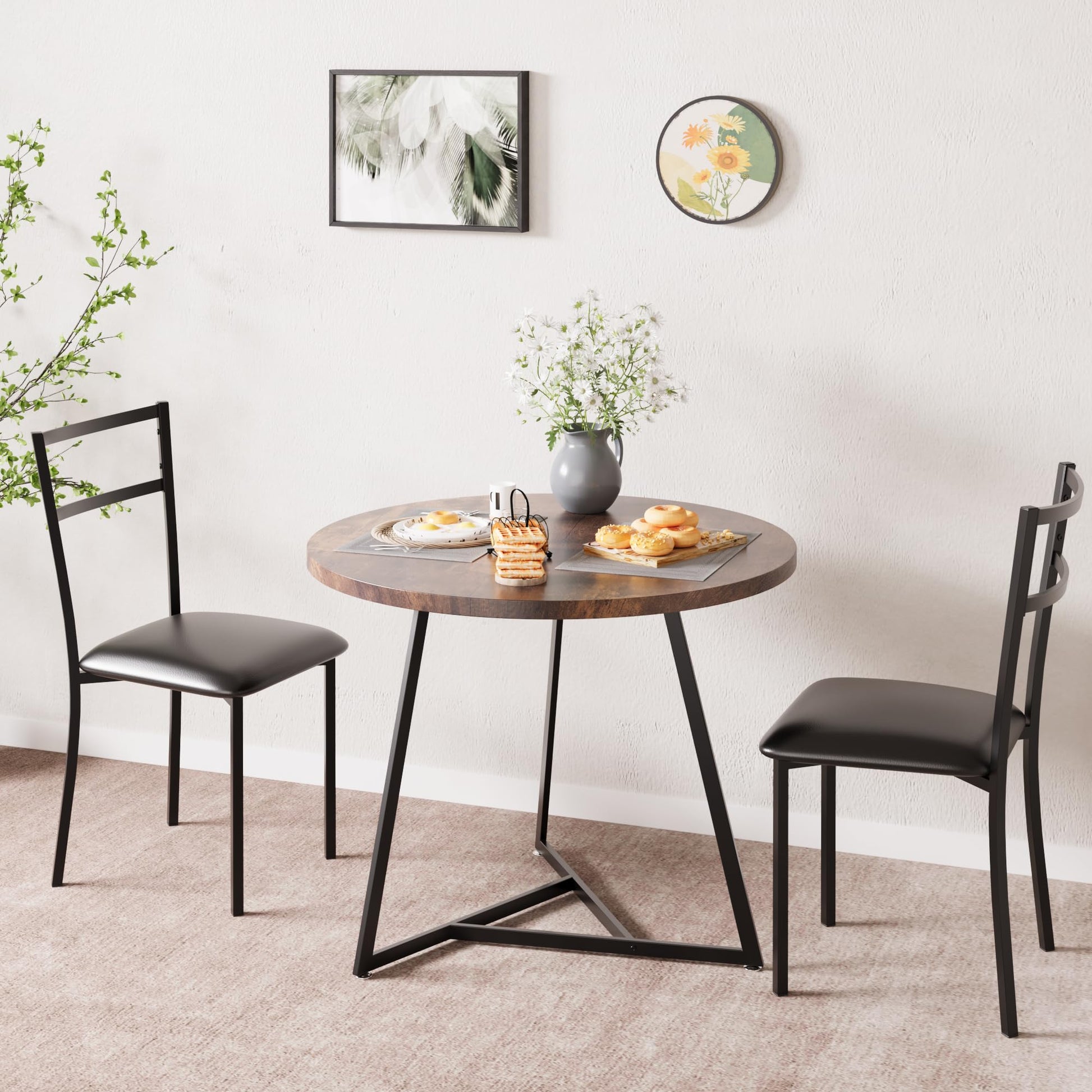 Ensemble table et chaises rondes Garvee pour 2 personnes, en MDF et métal, style rétro marron, gain de place idéal pour les petits appartements.