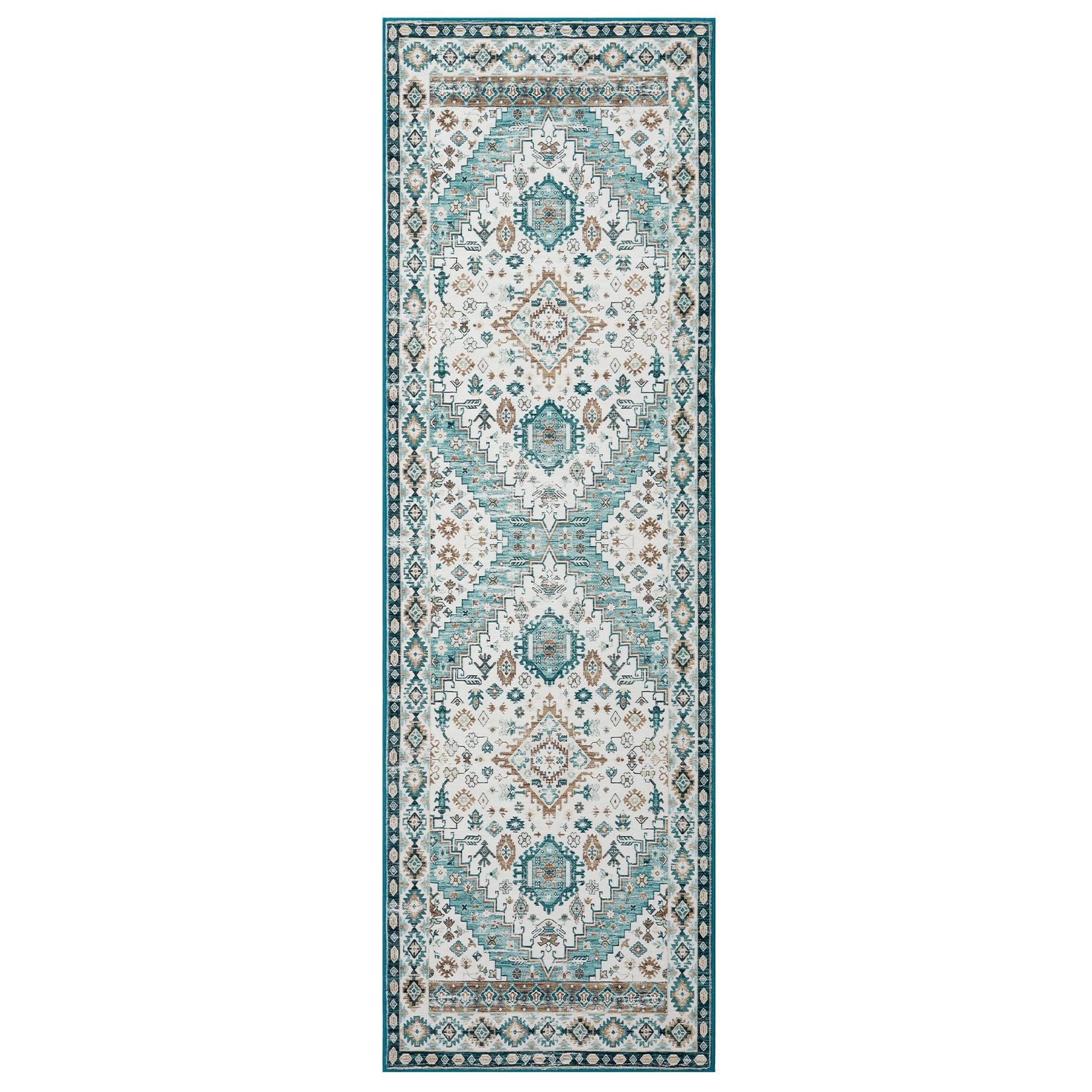 Tapis de couloir vintage lavable Garvee 60 x 230 cm, vert foncé, pour salon, chambre et cuisine. Antidérapant et facile à nettoyer.