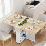 Garvee Table de salle à manger pliante avec rangement, 6 roulettes, tiroir et étagères, bois composite, compacte et multifonctionnelle pour petits espaces, bois naturel et blanc - Bois naturel et Blanc