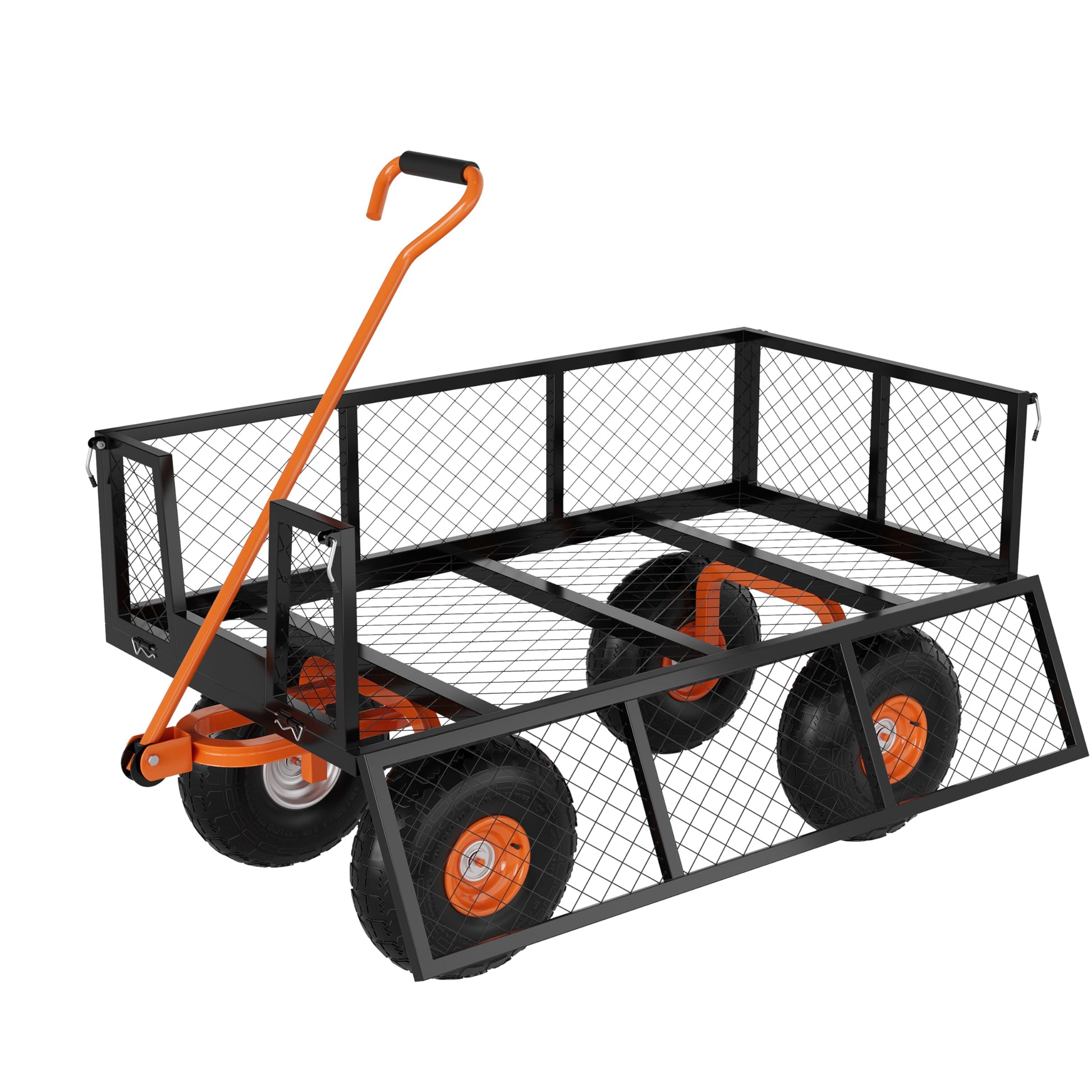 Garvee Chariot de jardin 3 en 1 en acier robuste, charge 408 kg, ridelles grillagées amovibles, pneus tout-terrain, poignée pivotante, 96 × 50 cm, noir et orange
