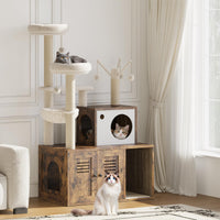 Meuble pour chat Garvee avec bac à litière, griffoir et hamac, style rustique marron, idéal pour un salon à plusieurs étages