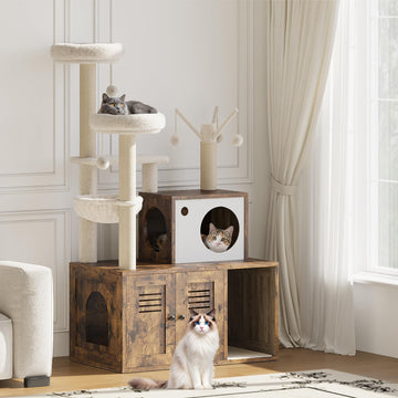Meuble pour chat Garvee avec bac à litière, griffoir et hamac, style rustique marron, idéal pour un salon à plusieurs étages