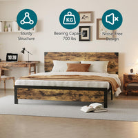 Garvee Cadre de lit Queen avec tête de lit en bois, silencieux, pieds en métal, lit plateforme avec rangement, marron rustique, chambre à coucher