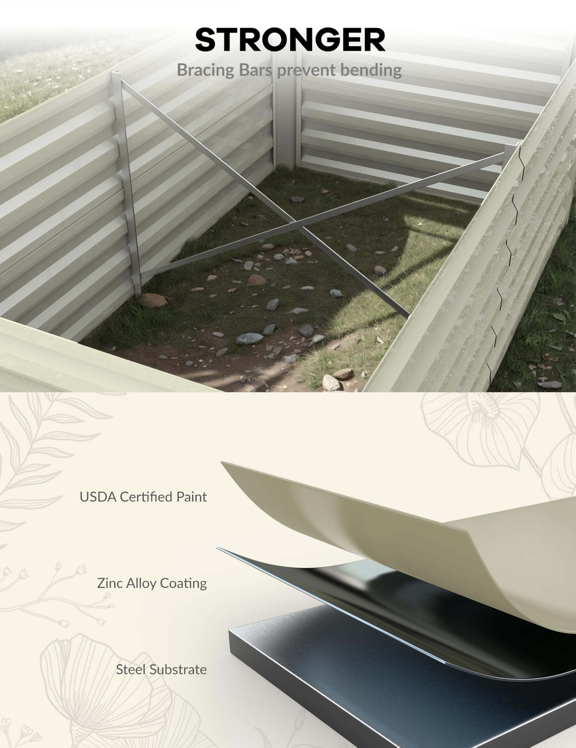 Jardinière surélevée galvanisée Garvee 182 x 91 x 61 cm (6 x 3 x 2 pi), hauteur 61 cm (24 po), en métal durable antirouille, beige, pour fleurs, herbes et légumes de jardin.