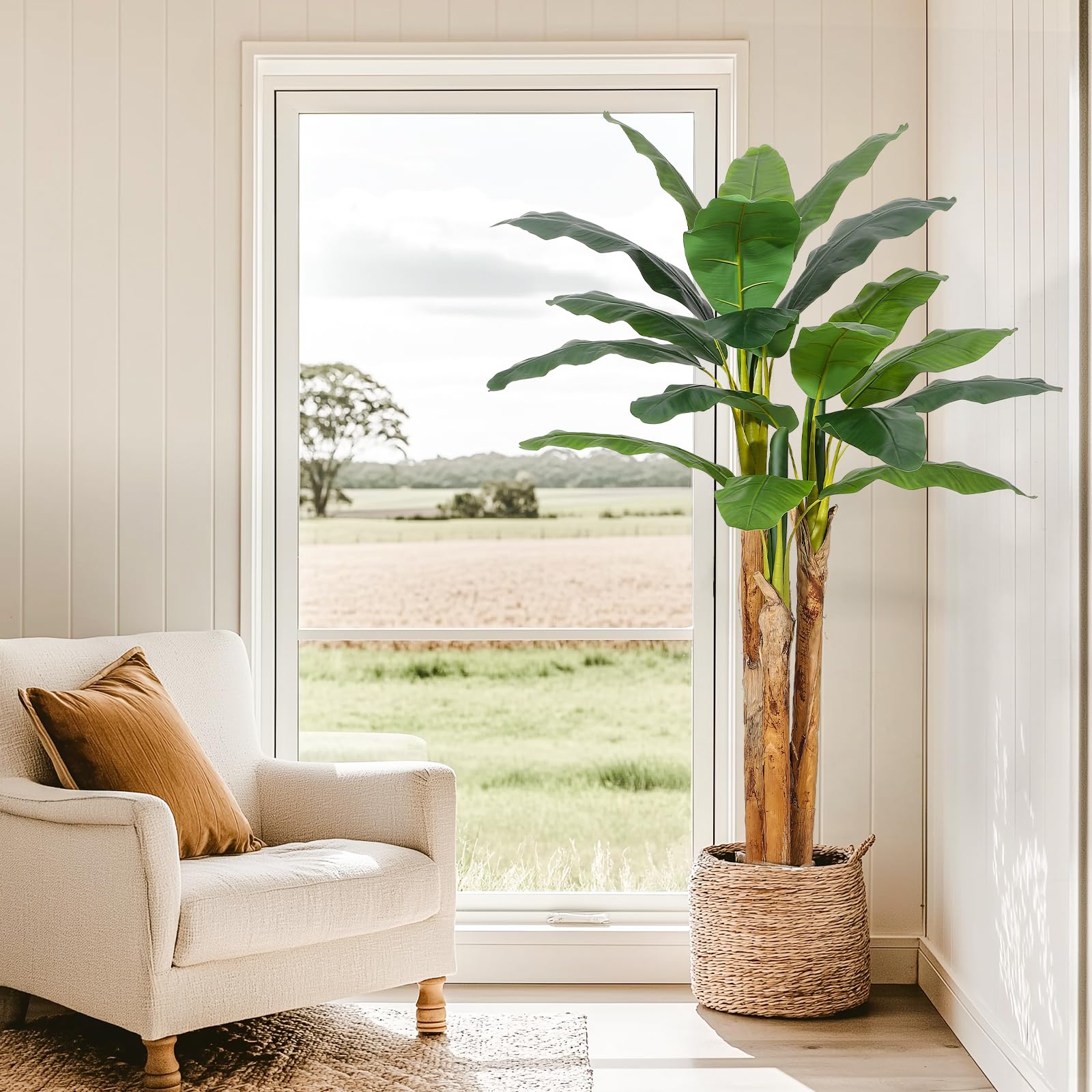 Bananier artificiel Garvee de 1,80 m avec 21 feuilles, pot gris, branches ajustables pour la maison et le bureau, matériau PE durable, pot en ciment stable