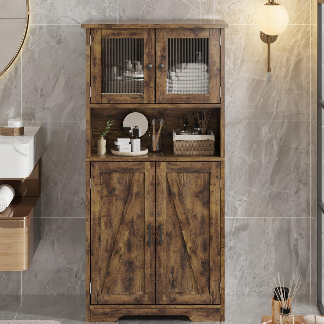 Garvee meuble de salle de bain autoportant avec portes vitrées, étagères réglables, design rustique, marron, usage polyvalent