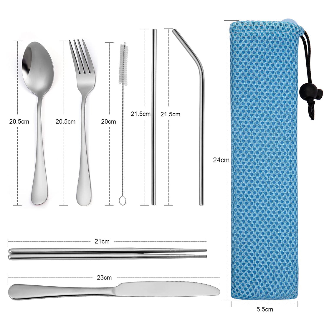 Ensemble de couverts Garvee 9 pièces en acier inoxydable pour les voyages, le camping et les pique-niques en plein air, avec rangement, bleu.
