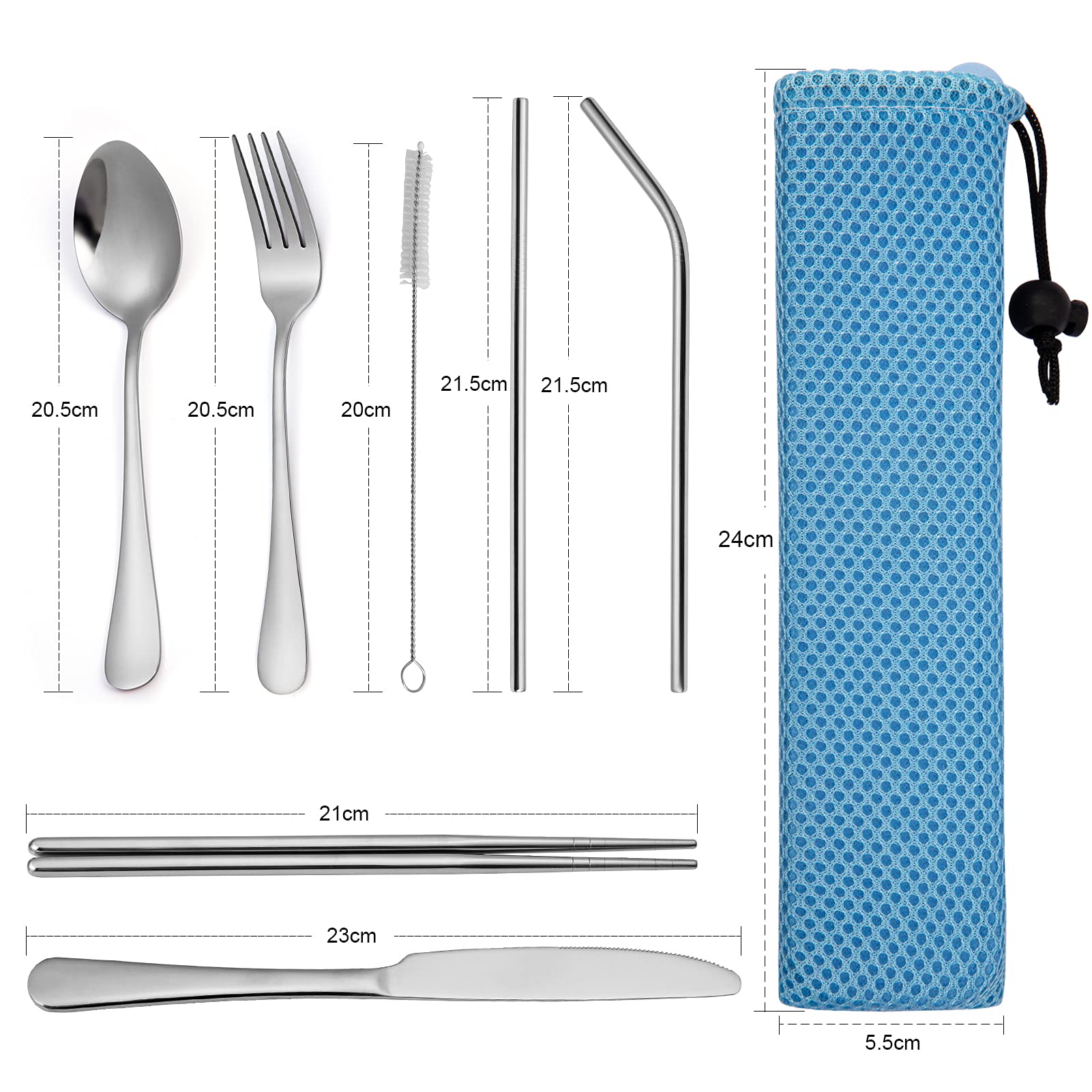 Ensemble de couverts Garvee 9 pièces en acier inoxydable pour les voyages, le camping et les pique-niques en plein air, avec rangement, bleu.