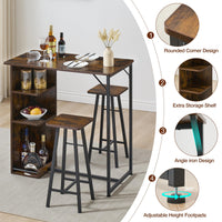 Ensemble table et chaises de bar Garvee, 3 pièces, brun rustique avec rangement, hauteur réglable, pour coin cuisine/petit-déjeuner, MDF/acier