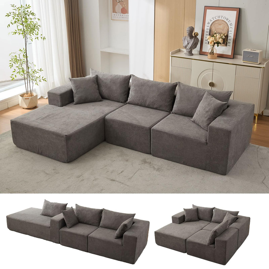 Canapé d'angle modulaire Garvee Cloud 108" avec méridienne, structure sans ossature, revêtement en polymère, gris, pour salon