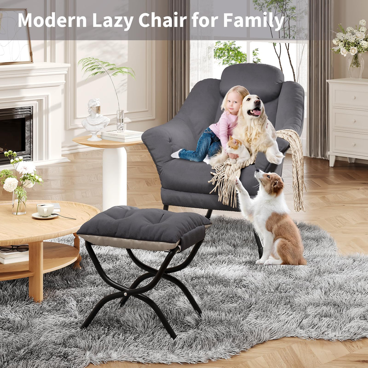 Fauteuil relax Garvee avec repose-pieds, ergonomique, en velours, pliable, gris, pour salon et chambre, gain de place