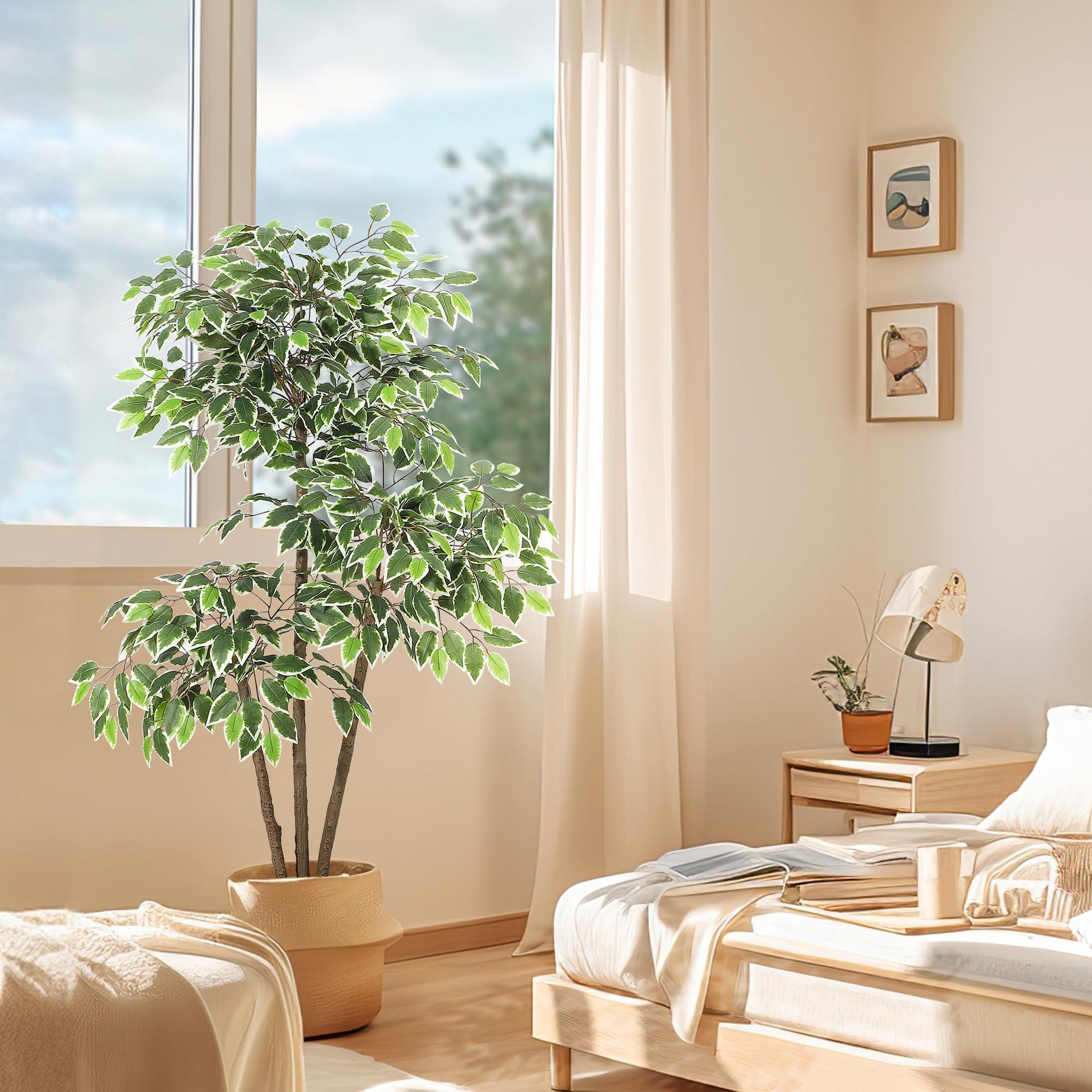 Ficus artificiel Garvee de 1,5 m avec pot haut blanc, tronc ajustable, idéal pour le salon et le bureau, blanc, base stable en terre cuite