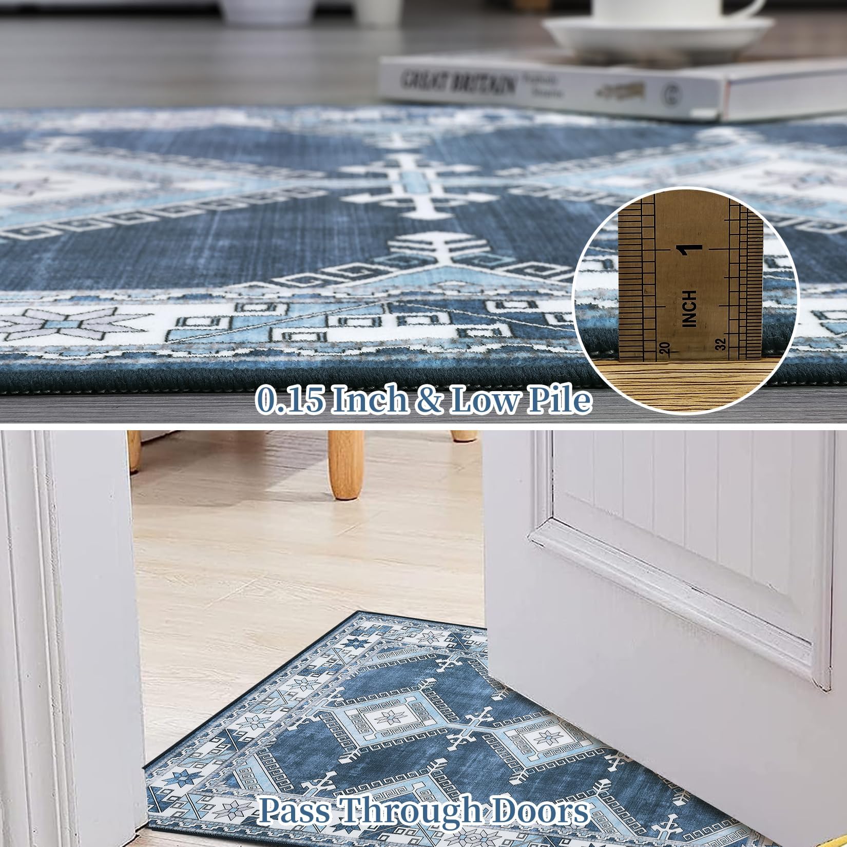Tapis de couloir moderne Garvee, lavable en machine, motif géométrique marocain, pour salon, chambre, salle à manger ou bureau, gris-bleu