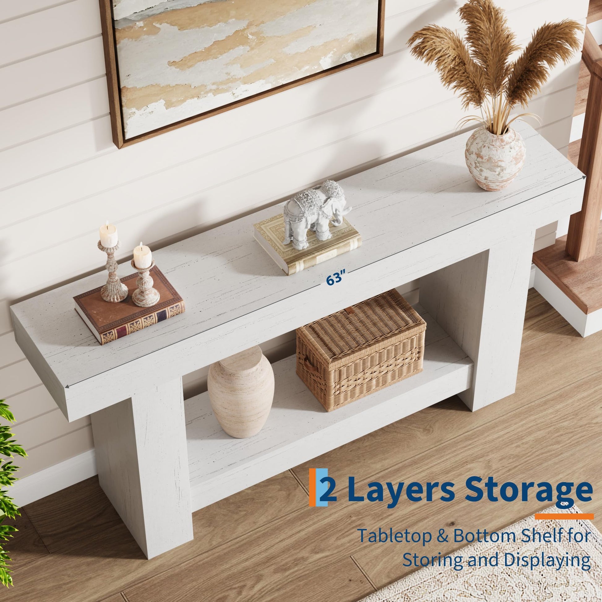 Garvee Table Console 160 cm en Bois Massif avec 2 Étagères, Style Maison de Campagne, pour Salon et Entrée, Blanc