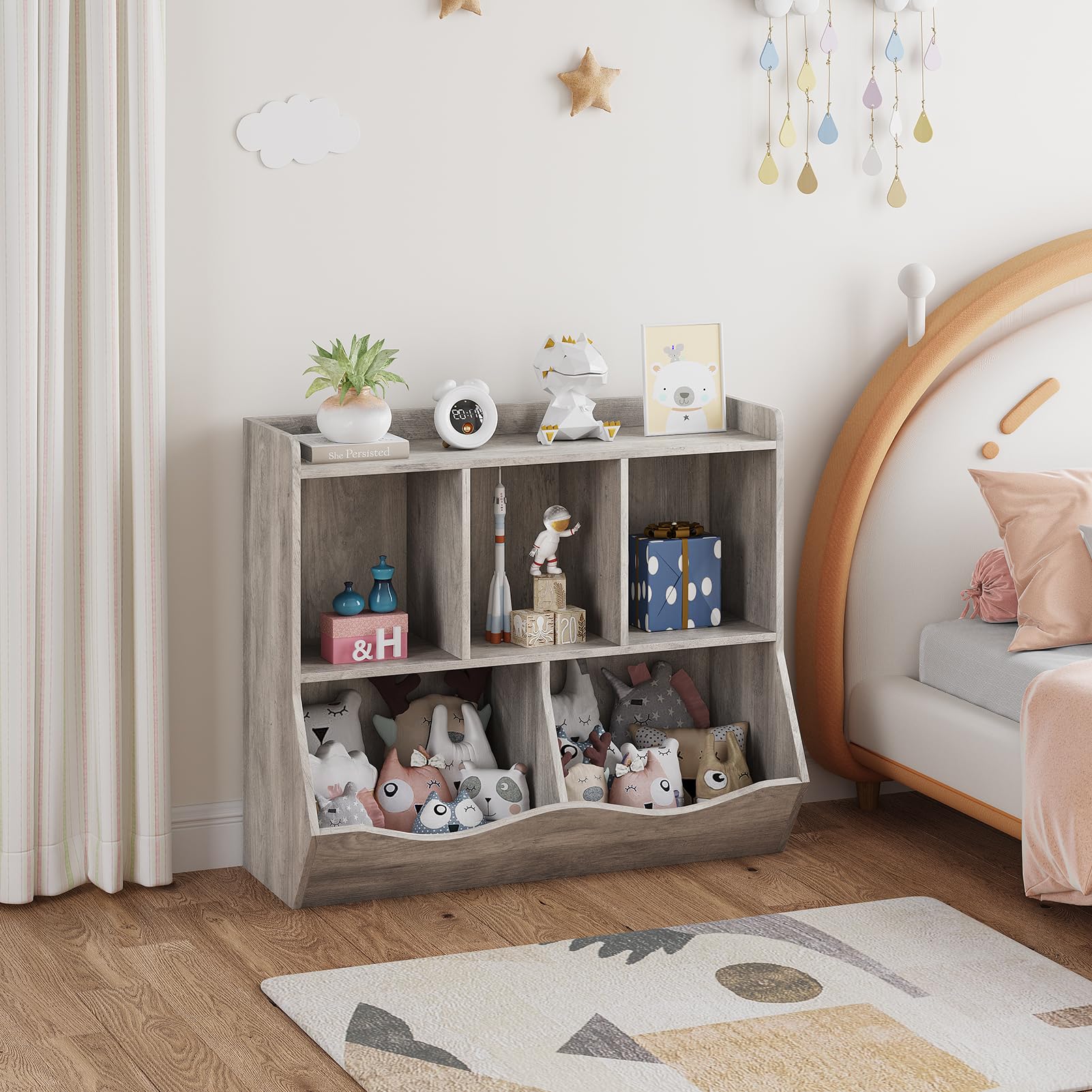Étagère à jouets Garvee avec rangement intégré, 3 compartiments, 2 boîtes inclinables, sécurisée pour les enfants, idéale pour une chambre d'enfant, 91,5 cm (L) x 29 cm (l) x 80 cm (H), blanche robuste