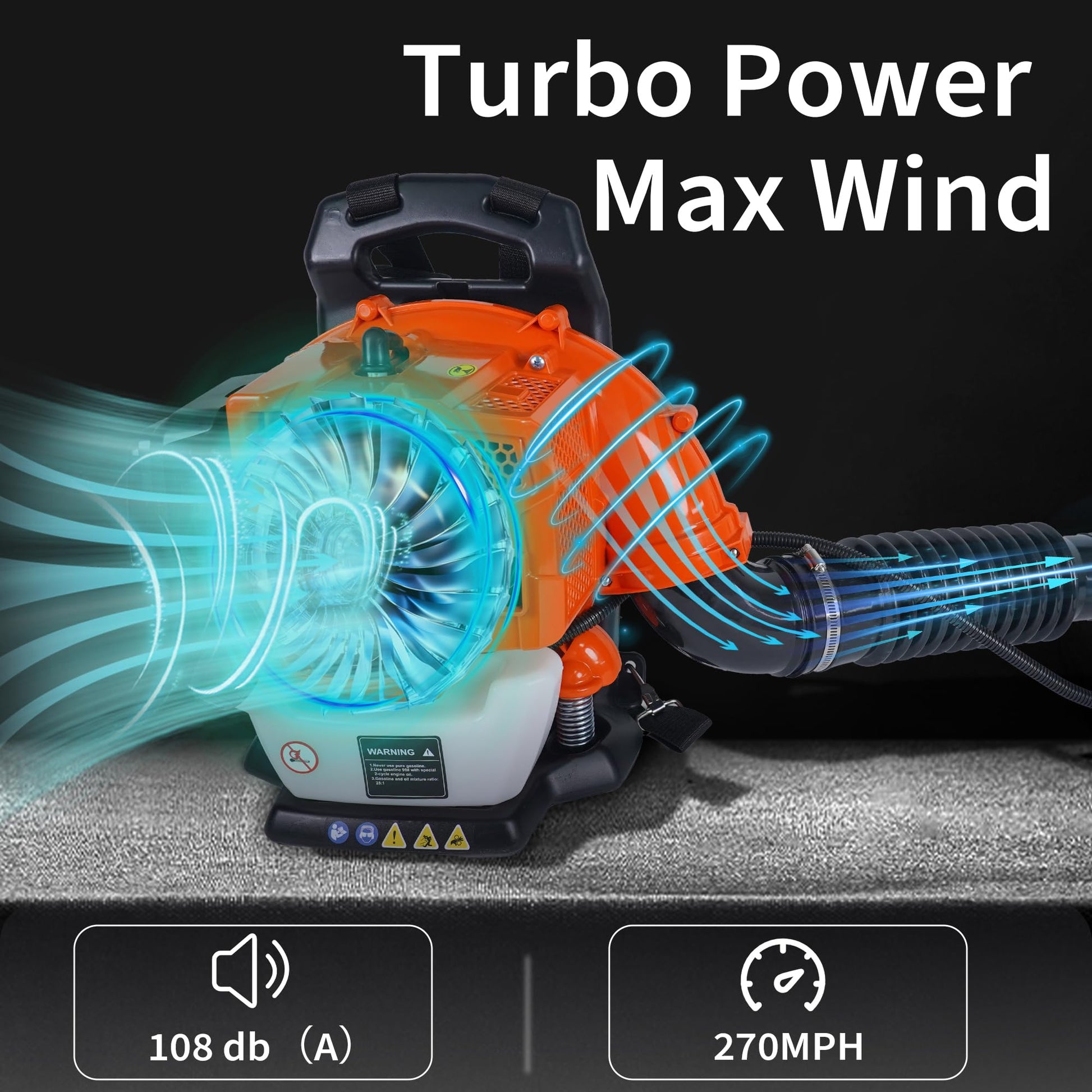 Garvee Souffleur de Feuilles à Dos 2 Temps 52 cm³, 2,2 CV, Débit d’Air 22 m³/min, Vitesse 435 km/h, Plastique, pour Jardinage et Entretien Extérieur, Orange et Noir