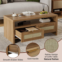 Garvee table basse bohème à 2 niveaux avec rangement, rotin et MDF, 2 tiroirs, style mid-century, chêne, salon et chambre