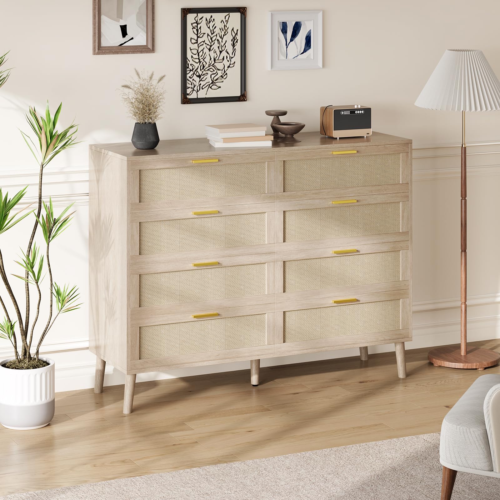 Commode Garvee en rotin à 8 tiroirs, spacieuse et robuste, pour chambre et entrée, coloris naturels