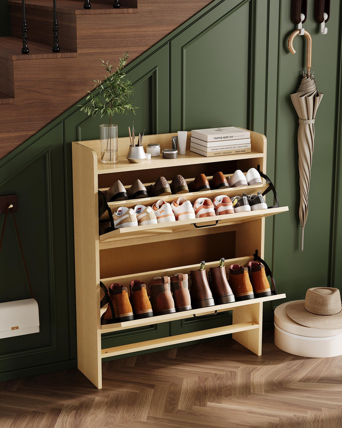 Rangement à chaussures Garvee avec 2 tiroirs pliables, marron rustique, pour entrée et couloir, durable, gain de place, en bois