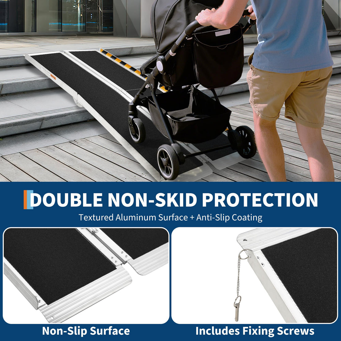 Garvee Rampe pliable en 4 en alliage, 183cm, surface haute traction, gants inclus, pour accessibilité, noir
