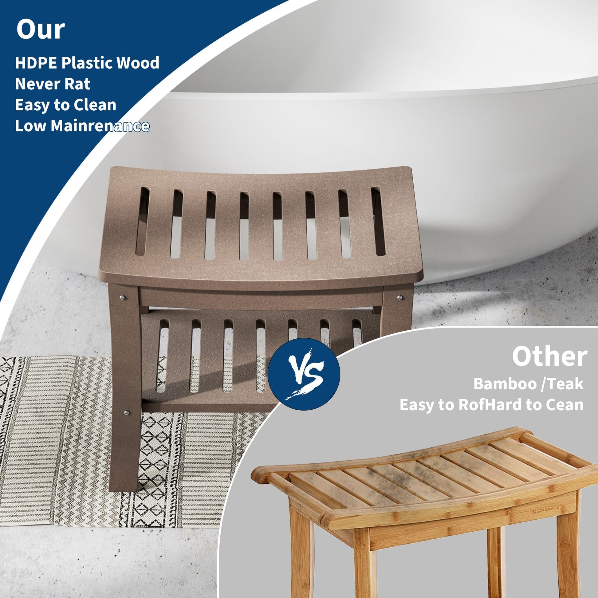 Banc de douche Garvee en PEHD avec étagère pour salle de bain et baignoire, aspect bois, imperméable, résistant aux rayures, polyvalent