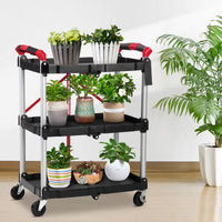 Chariot de service pliable Garvee à 3 niveaux, capacité de charge de 25 kg, structure en aluminium, poignées caoutchoutées, 4 roulettes pivotantes, idéal pour le bureau et la maison, 83,5 cm, argent.